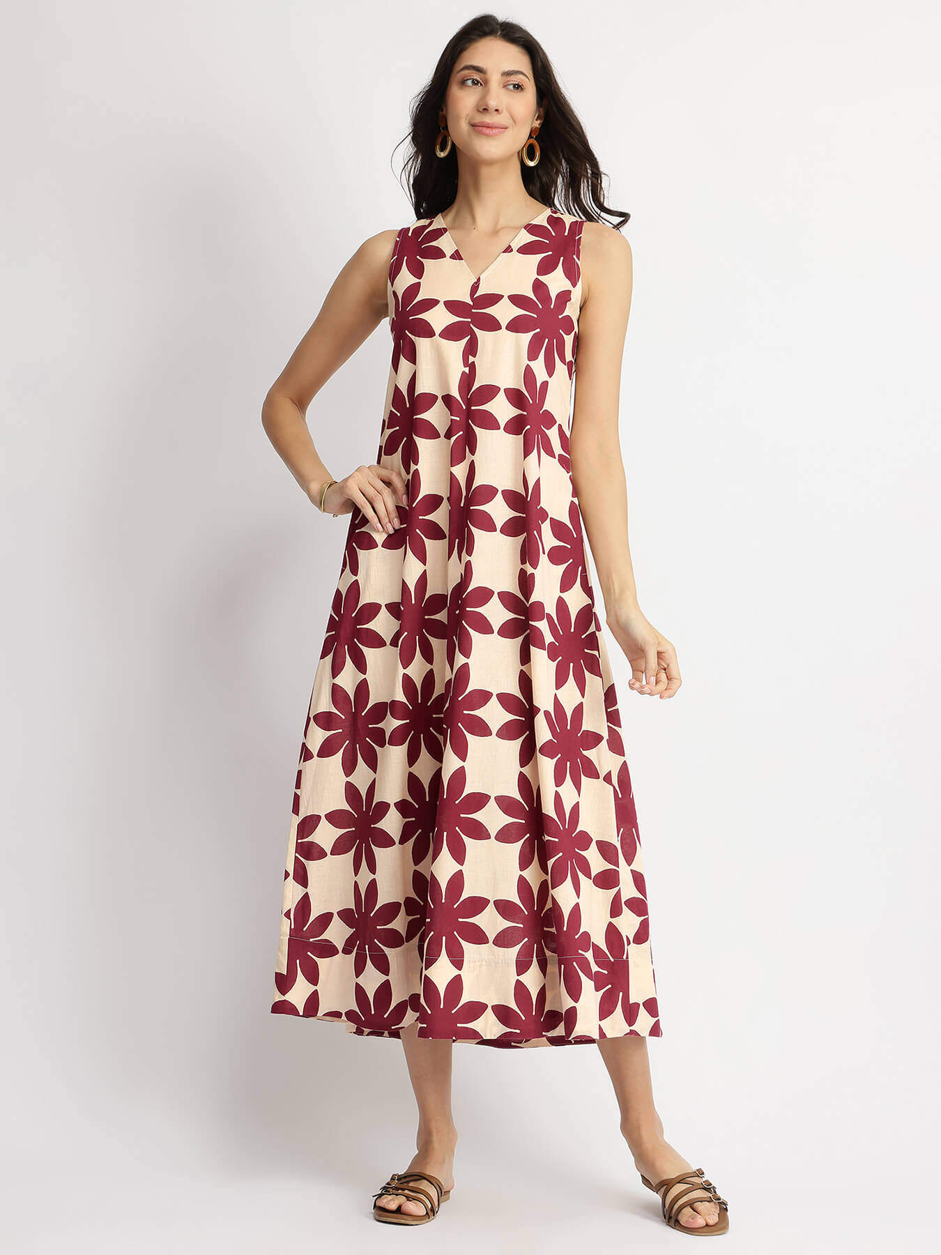 Cotton Dabu Handblock Floral Dress - Cream & Wine