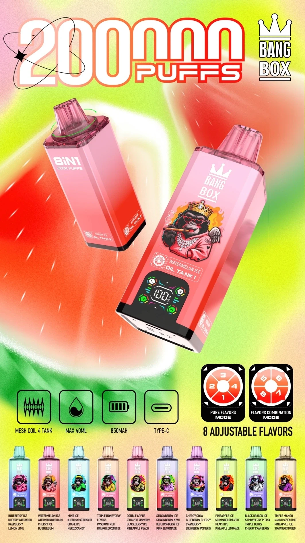 Személy Bang Box 8 in 1 Disposable Vape terméket használ rózsaszín színben, Watermelon Ice ízben