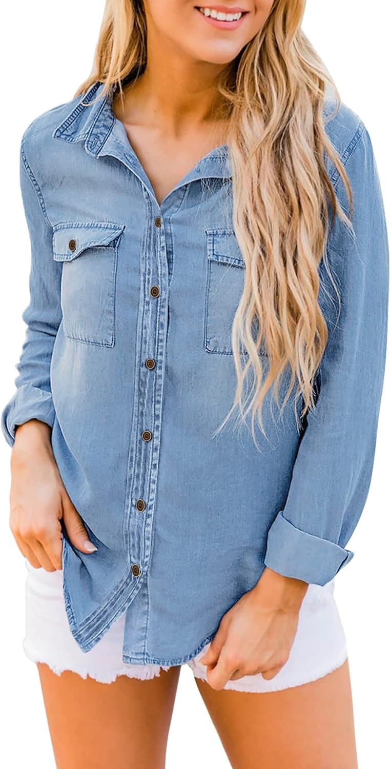 luvamia farmer ing Női Chambray Jean Western Shirts Hosszú ujjú gombos felsők