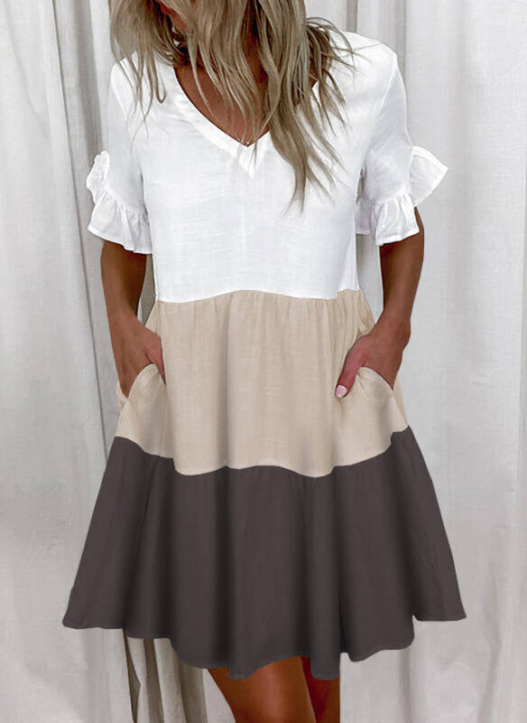 2024 moda primavera e verão vestido curto estampado com babados e bolso para mulheres