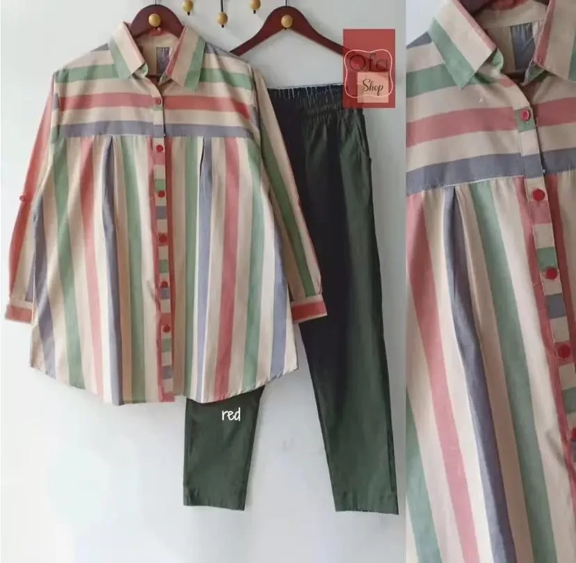 【S-4XL】Conjunto de 2 peças com listras coloridas de baixa saturação