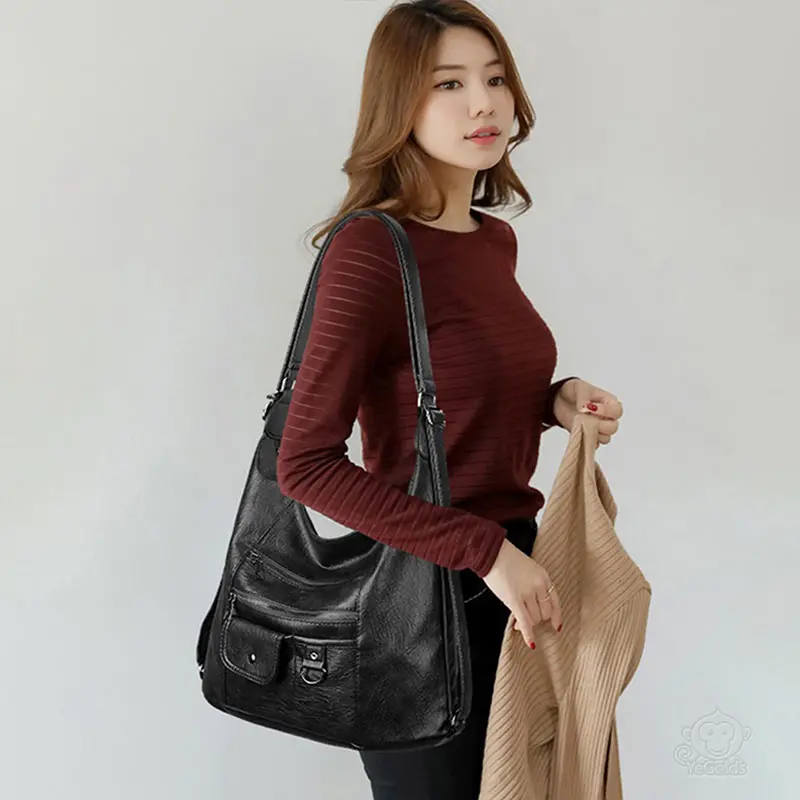 Bolsa de ombro feminina de couro encerado moda retrô