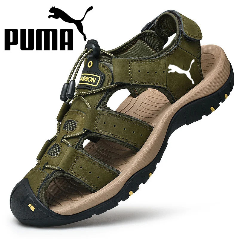 Sandálias PUMA® em pele de bezerro costuradas à mão