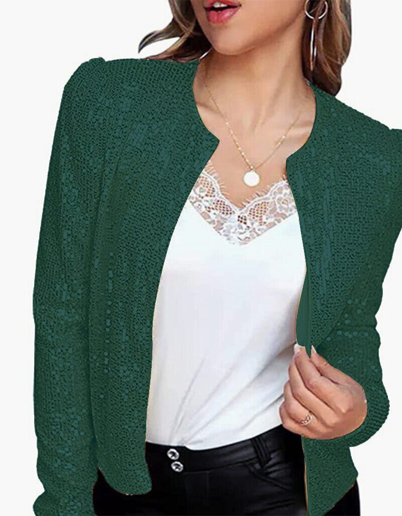 Elegante casaco de lantejoulas de cor sólida com gola alta, curto, casual, versátil, pequeno