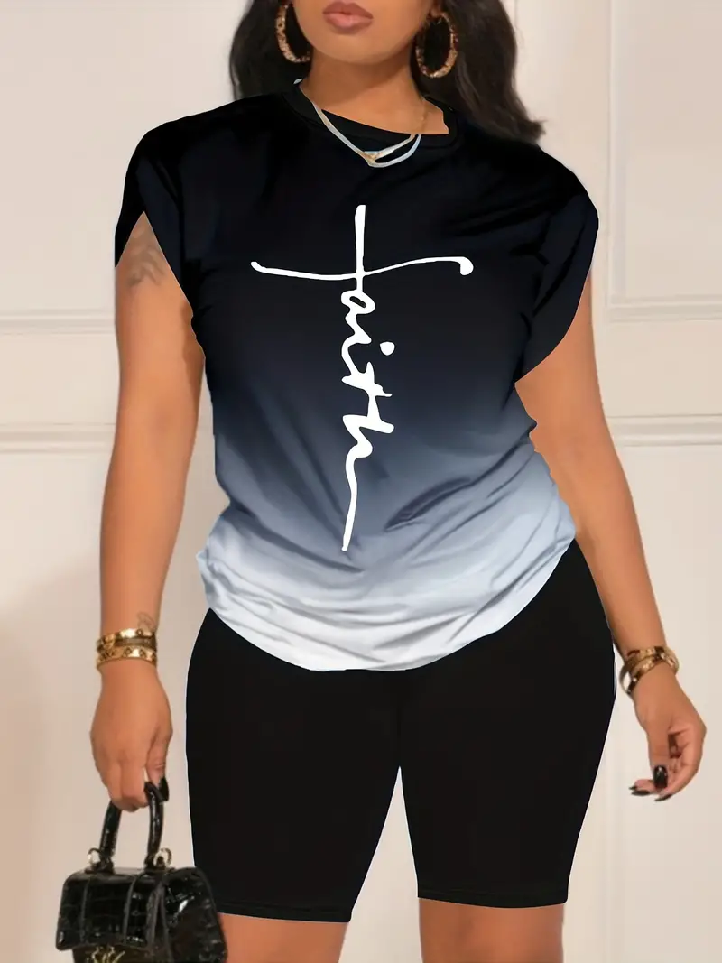 Conjunto casual de duas peças com estampa de letras laranja, gola redonda, manga curta