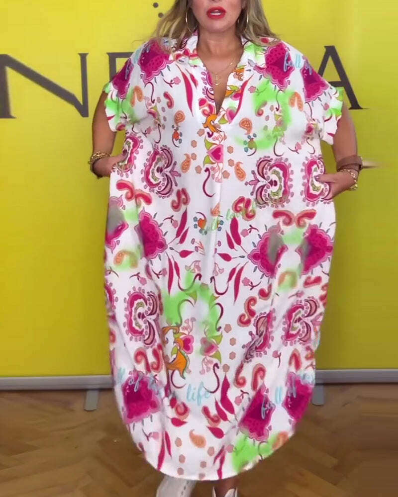 Vestido solto estampado com lapela casual