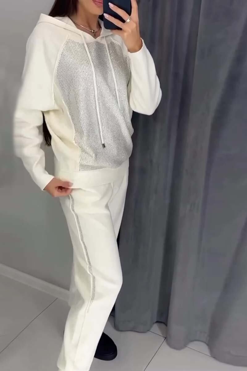 Fato de treino casual feminino com capuz decorado com diamantes