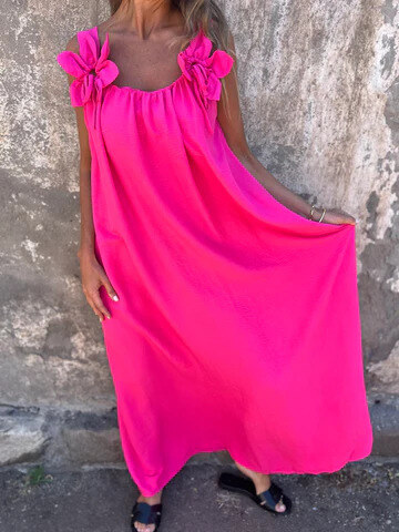 💕Vestido feminino em cor sólida com estampa floral e decote em U
