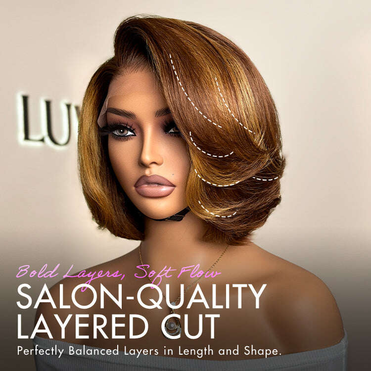 Limited Design | Toffee Brown Mix Blonde / Natural Black Layered Cut Glueless 5x5 Closure Lace Bob Wig