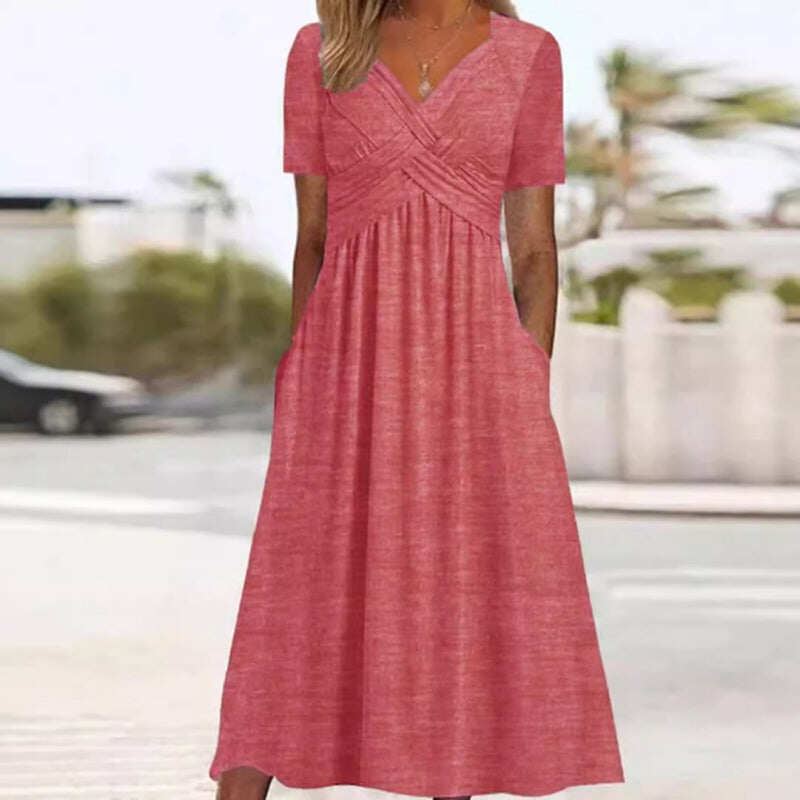 Vestidos de mulher de manga curta e decote em V