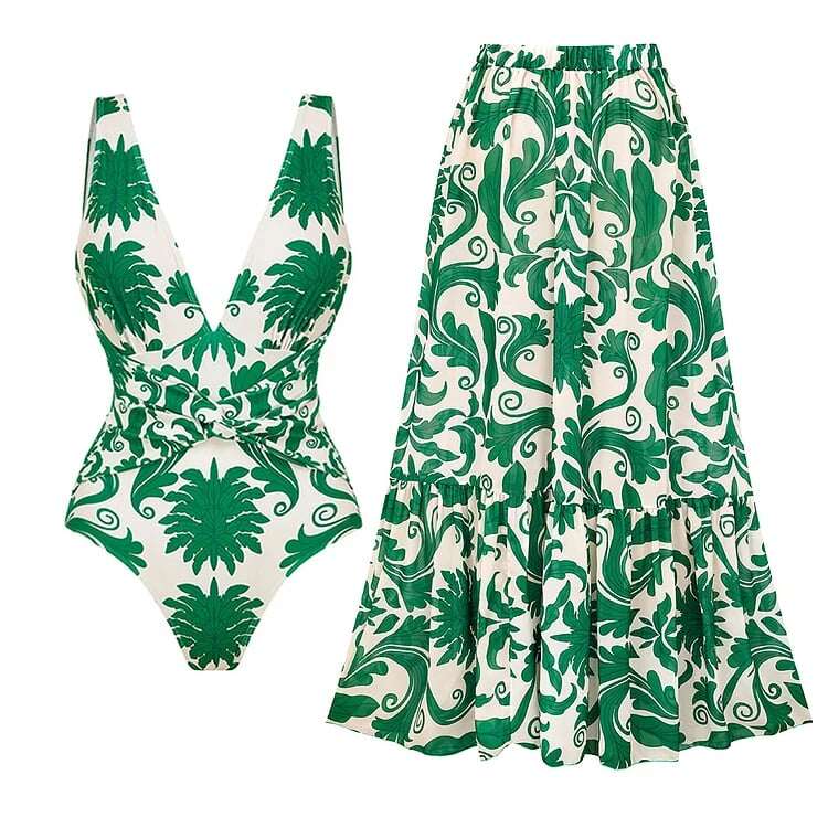 V Neck Print Two Piece Swimsuit Set - Green