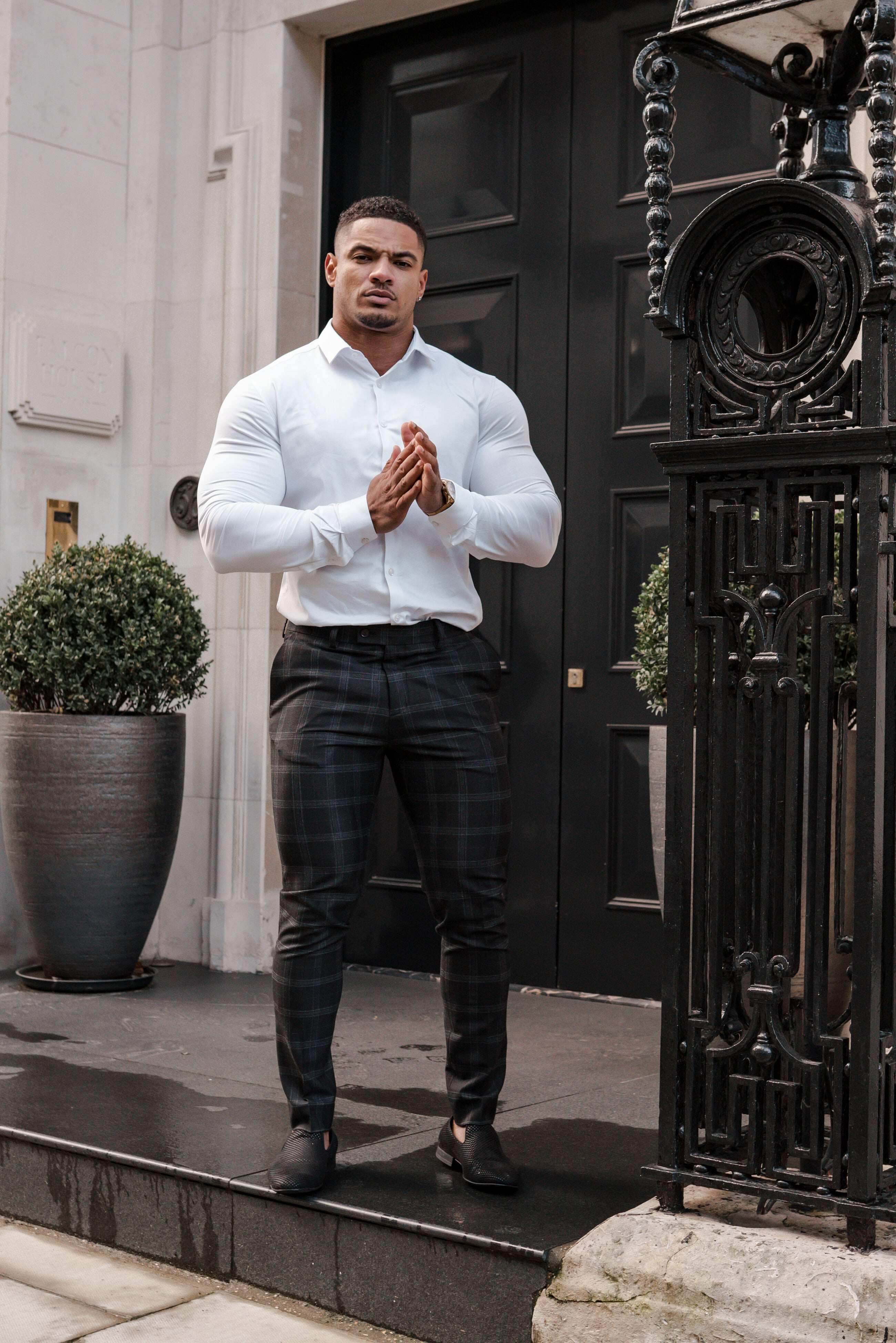 Father Sons Slim Formal Large Charcoal Check Stretch Trousers - FST007