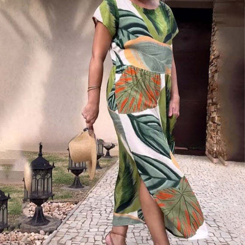 Leaf Print Round Neck Side Split Dress