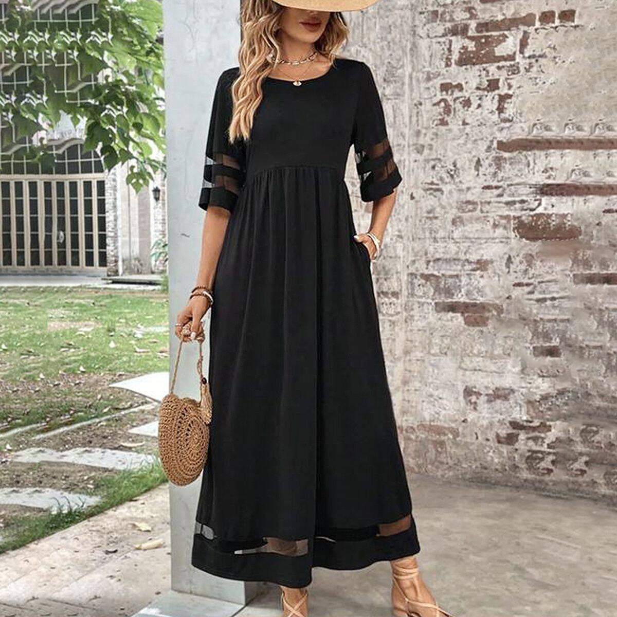 Vestido longo preto simples e legal manga 3/4