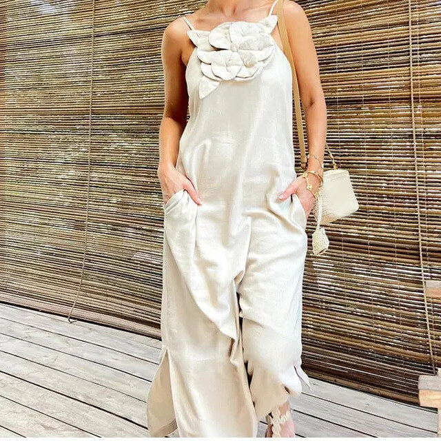 Primavera e verão novo estilingue tridimensional estilingue flor algodão e linho vestido sem mangas para mulher
