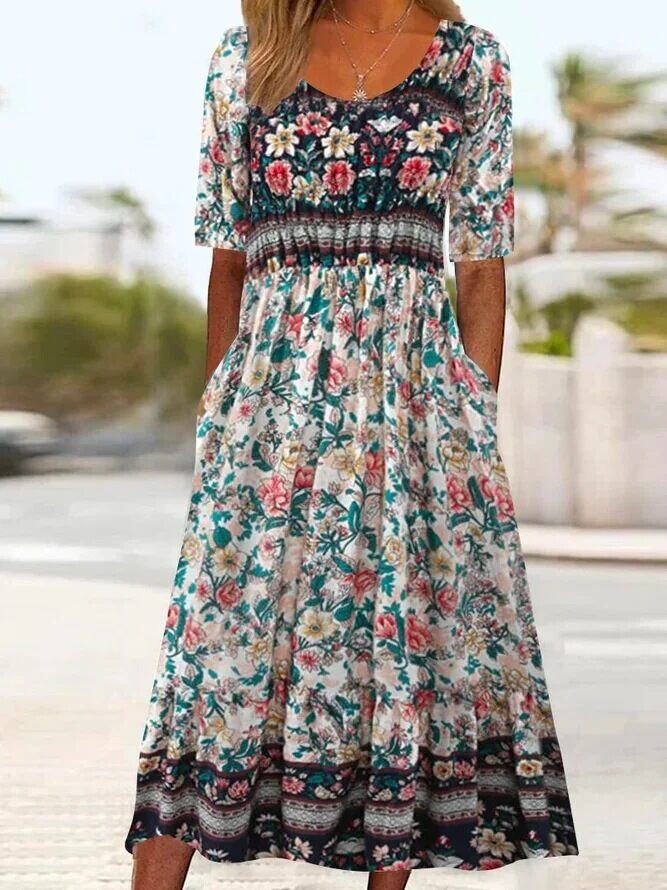 [S-5XL]vestido estampado boêmio
