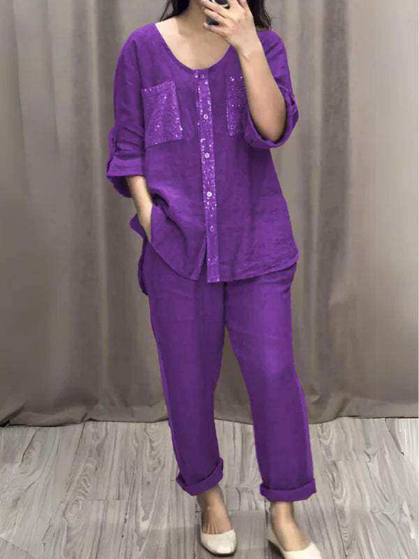 Vestido de duas peças com gola redonda em algodão e linho com lantejoulas