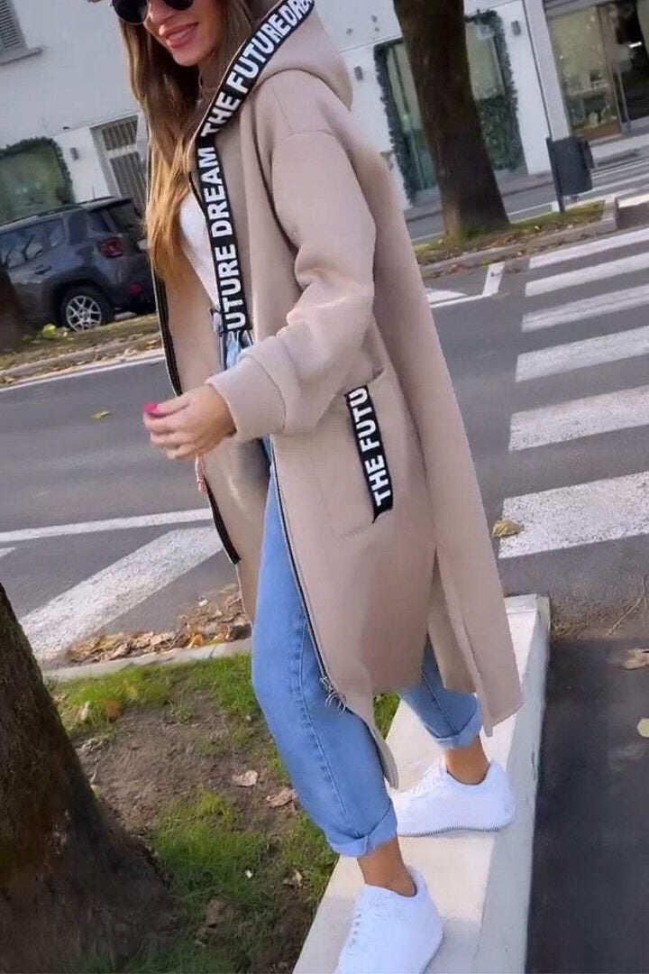 Casaco feminino casual com capuz longo