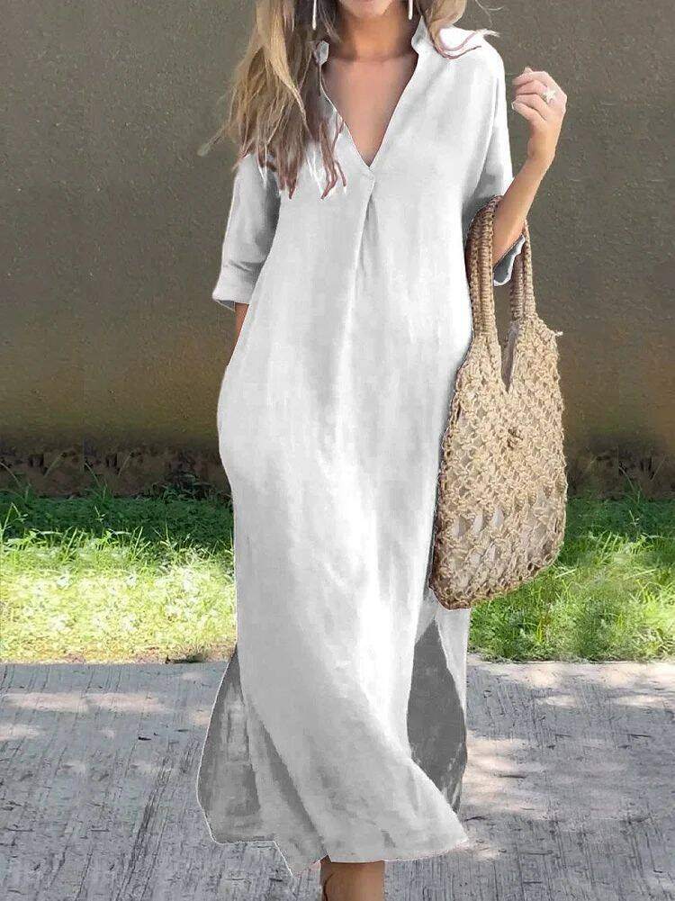 Vestido largo em algodão e linho, elegante e casual, multicolor com decote em V e bolso para mulher