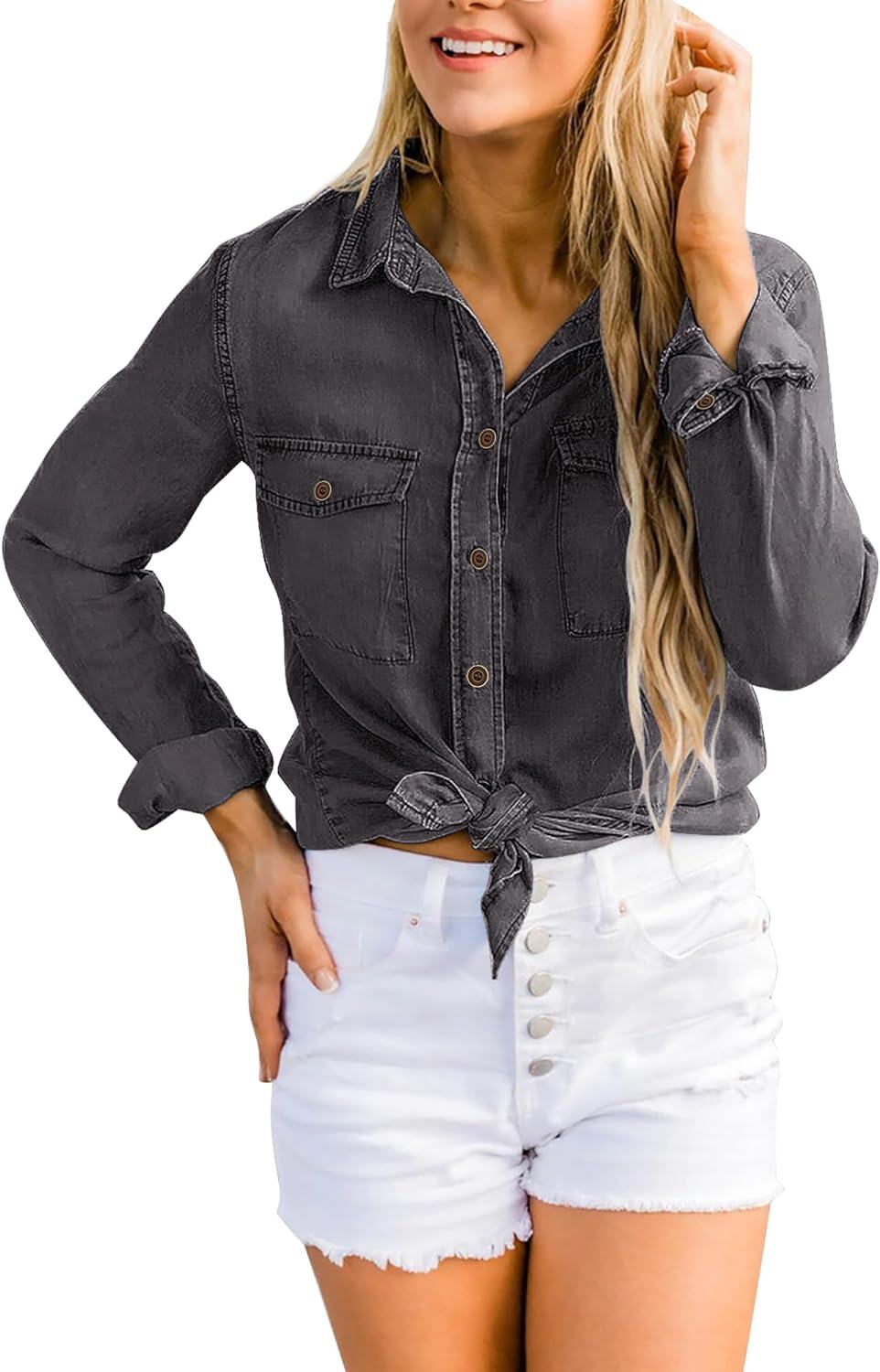 luvamia farmer ing Női Chambray Jean Western Shirts Hosszú ujjú gombos felsők
