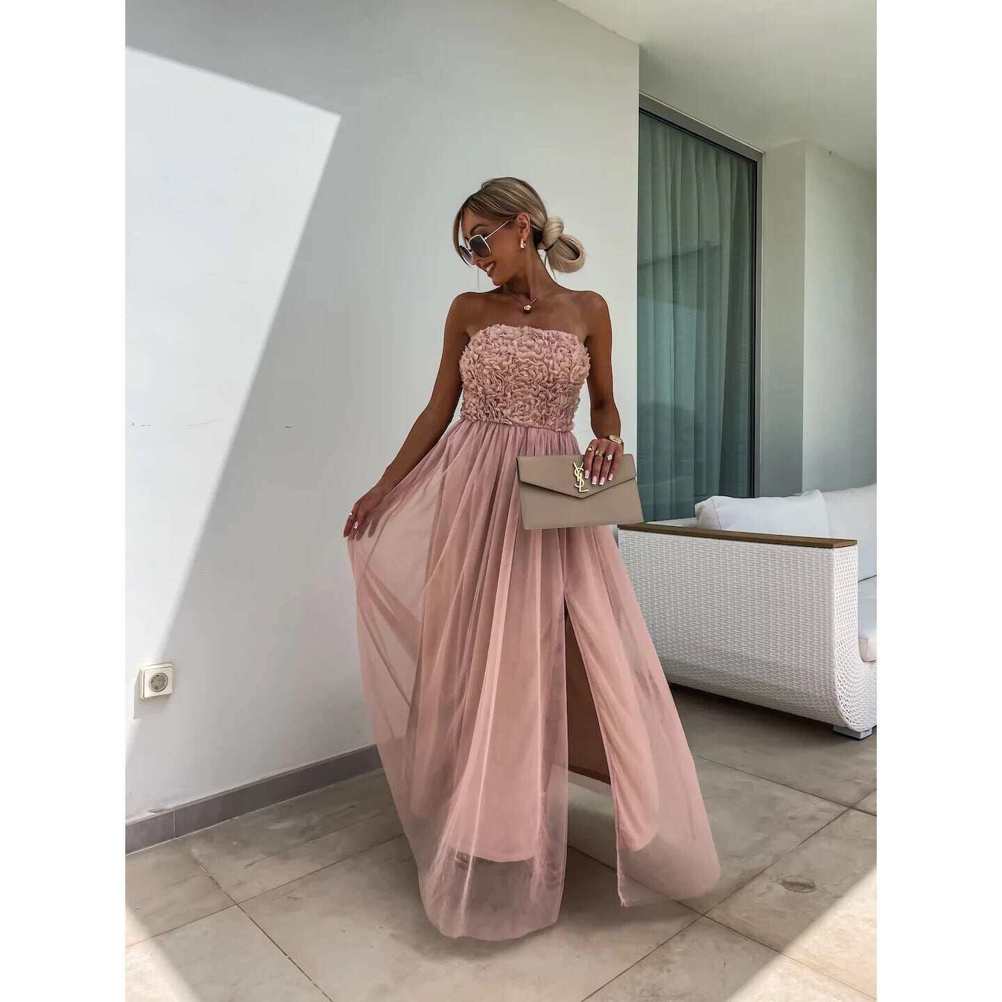 2024 nova moda vestido casual com fenda, roupas soltas de férias para mulheres