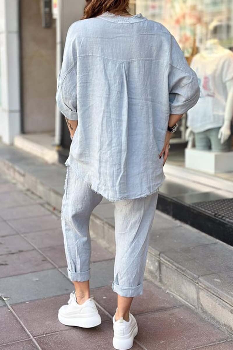 Conjunto blusa + calça dia feminino em algodão e linho