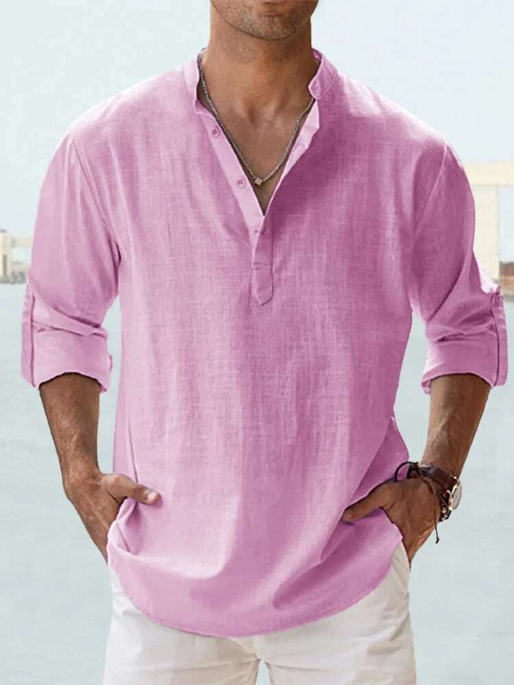 😎CAMISA DE LINHO DE ALGODÃO DE MANGA COMPRIDA MASCULINA ☁️