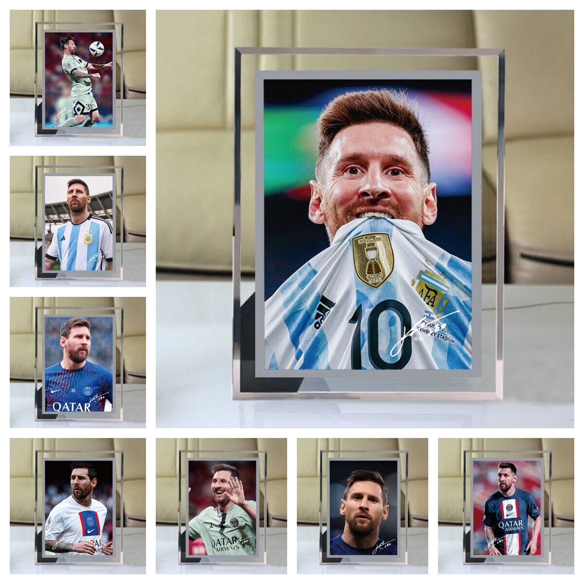 Messi Crystal képkeret 6 hüvelykes labdarúgó-világbajnokság sztárjának fényképével, beltéri üvegkeret asztali dekorációval