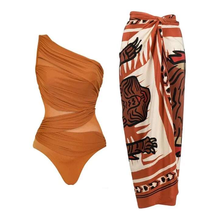New design One Shoulder  Printed Wrap Skirt Swimsuit Set