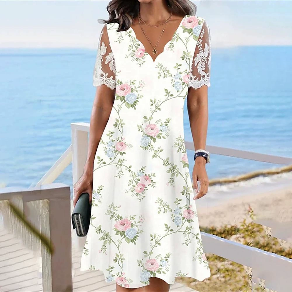 Vestido Túnica Manga Curta com Renda Floral