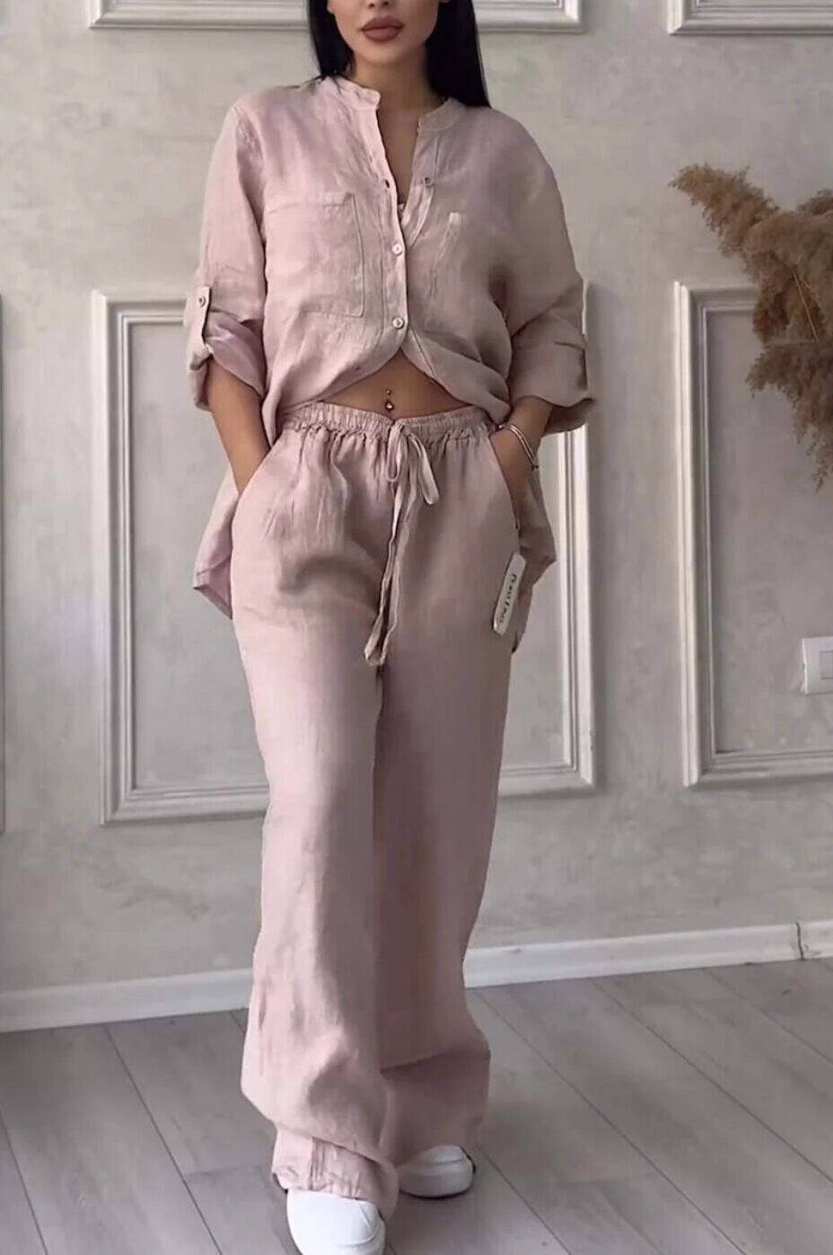 [S-5XL] 2024 primavera e verão novo top + calças conjunto de duas peças de algodão e linho