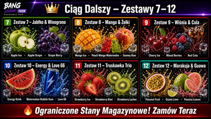 Bang Legend 150K zestawy smaków 1-6 – Brzoskwinia Mango Ananas Kokos Winogrono Arbuz Jagody Banan