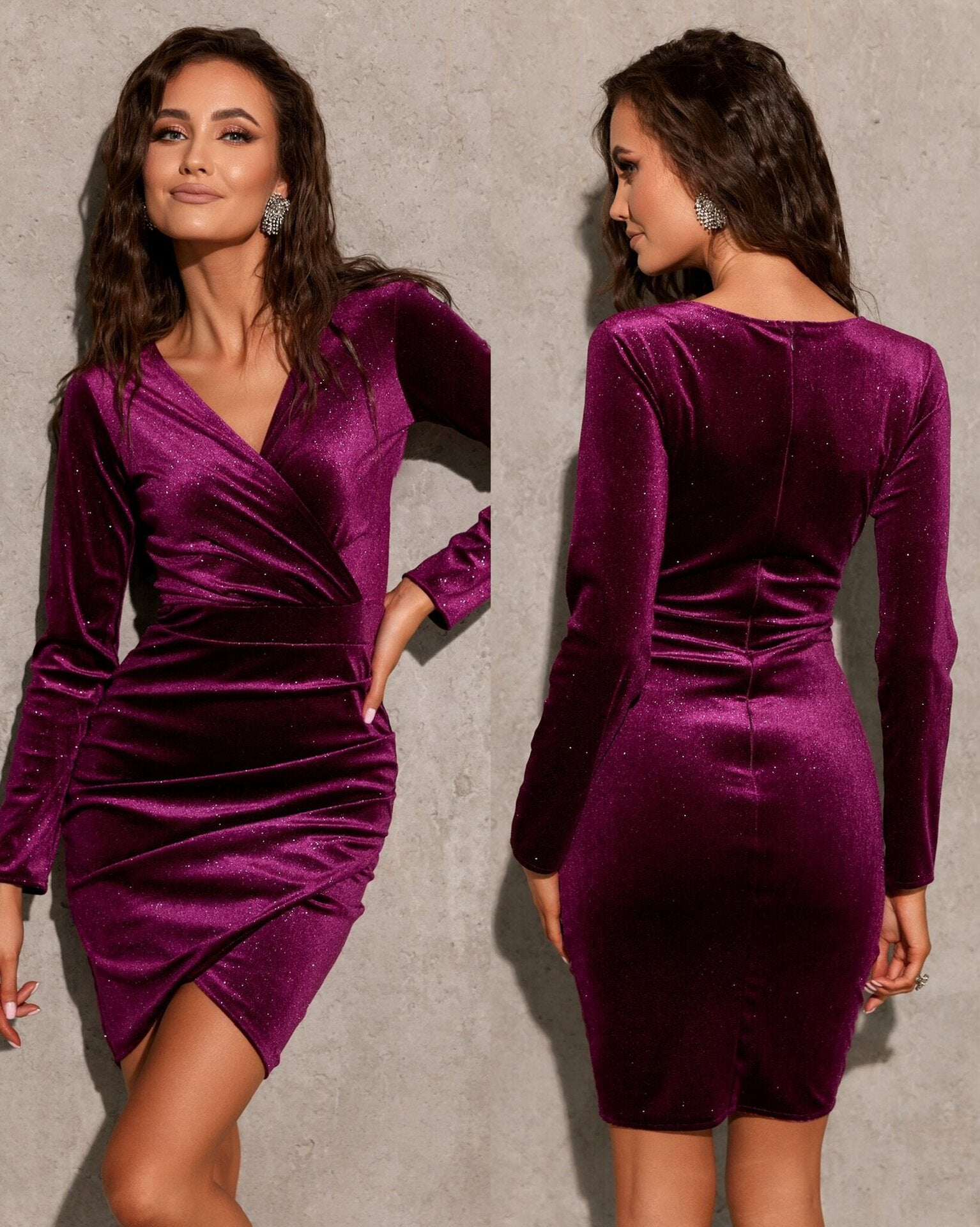 VESTIDO SEXY DECOTE EM V MANGA COMPRIDA OURO VELUDO