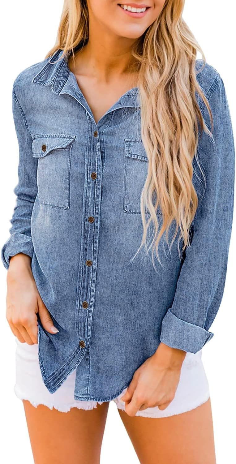 luvamia farmer ing Női Chambray Jean Western Shirts Hosszú ujjú gombos felsők