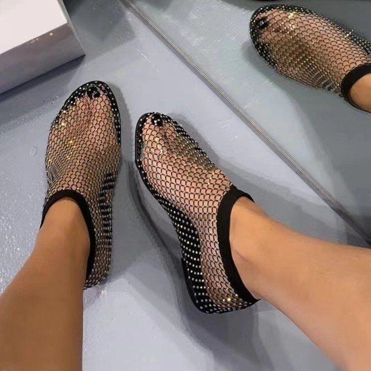 2024 verão novo estilo sandálias de dedo do pé redondo diamante botas curtas verão sexy sandálias ocas planas para mulher