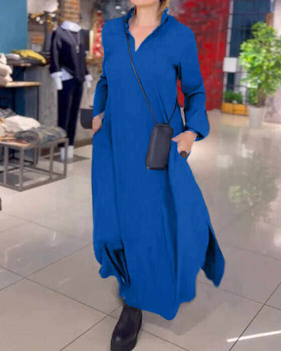 Vestido longo solto com fenda lateral e lapelas