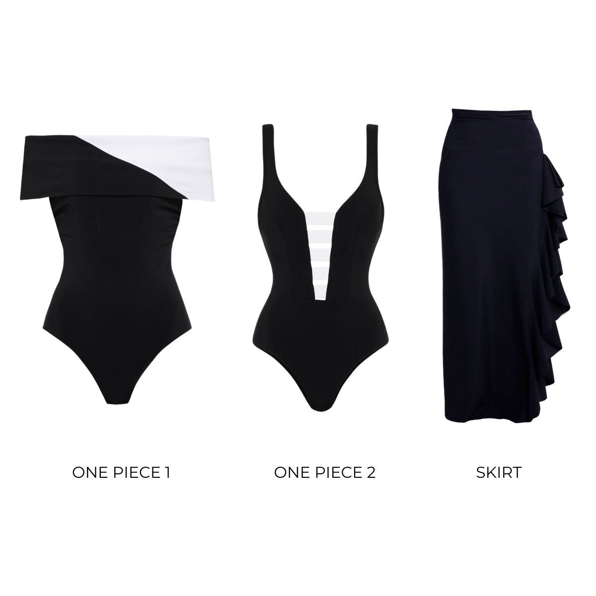 Off Shoulder Color Block One Piece Swimsuit and Skirt