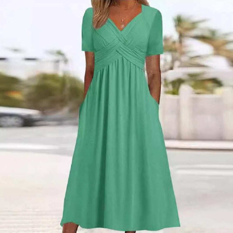 Vestidos de mulher de manga curta e decote em V