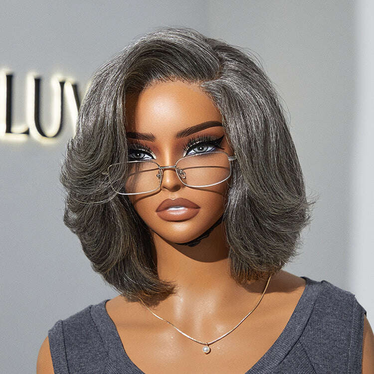 Boss Vibe Salt & Pepper Layered Bob / Body Wave Glueless Pre-Cut Minimalist Lace Grey Wig