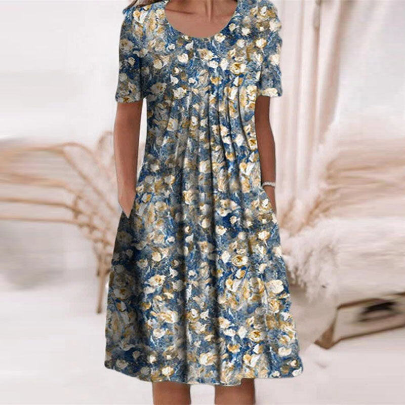 Vestido midi feminino primavera e verão com gola redonda estampado floral e bolso