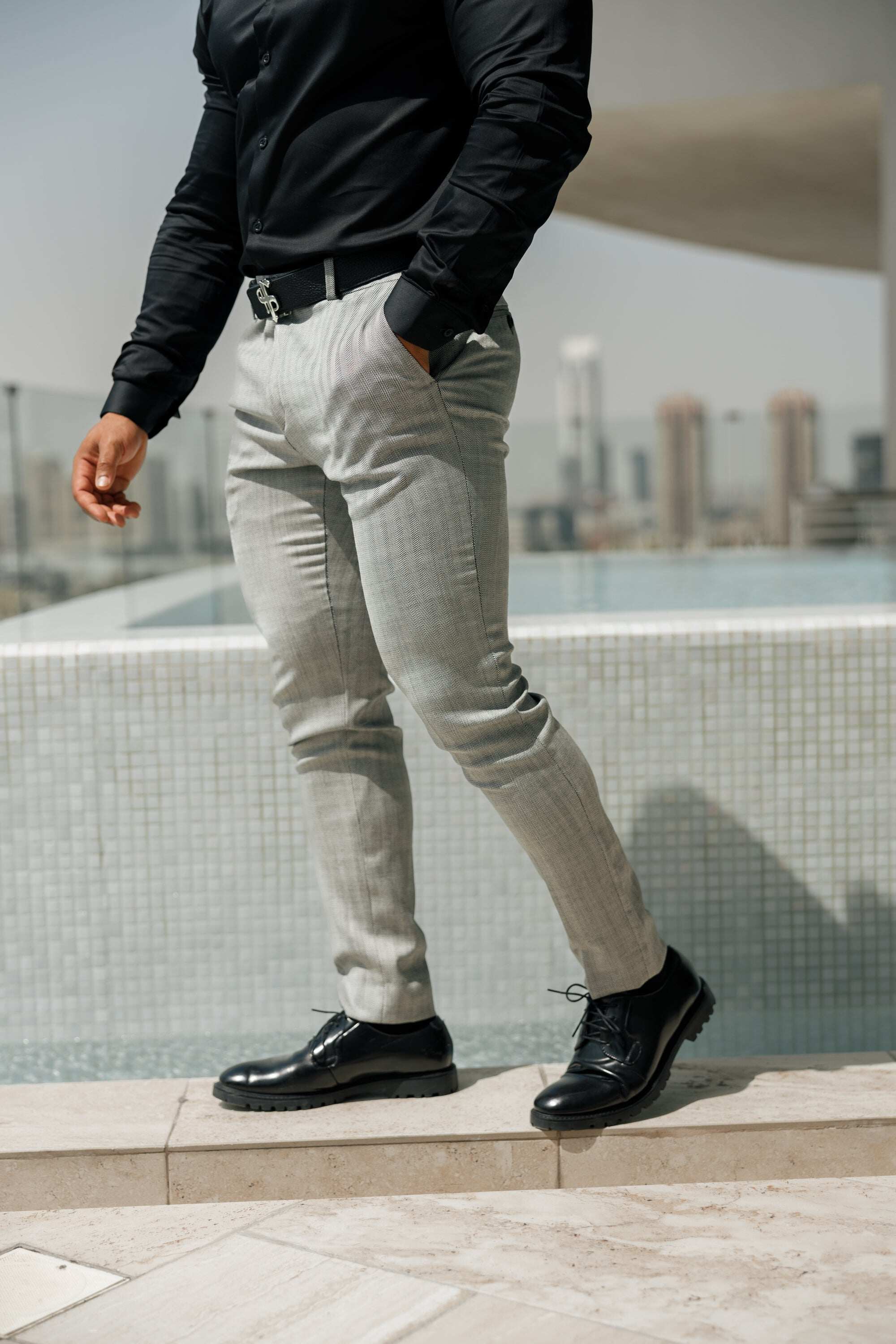 Father Sons Slim Formal Black and White Herringbone Stretch Trousers - FST014