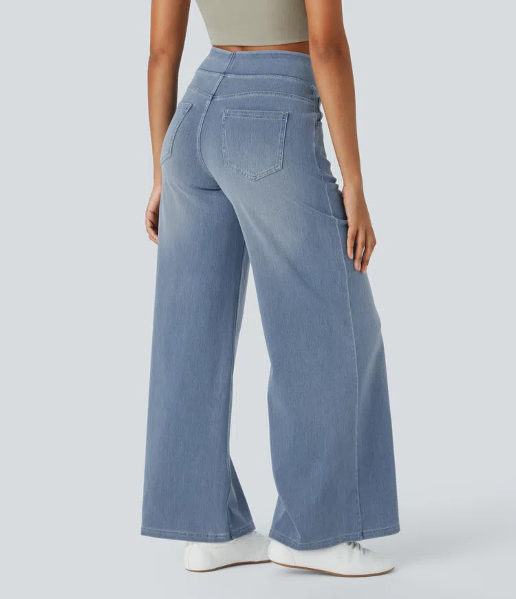 JEANS DE CINTURA ALTA COM PERNAS LARGAS MUITO ELÁSTICAS