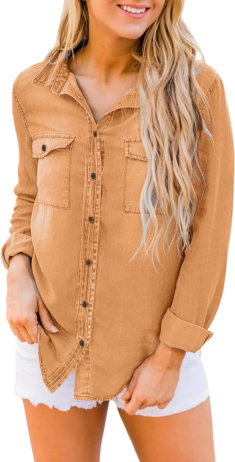 luvamia farmer ing Női Chambray Jean Western Shirts Hosszú ujjú gombos felsők