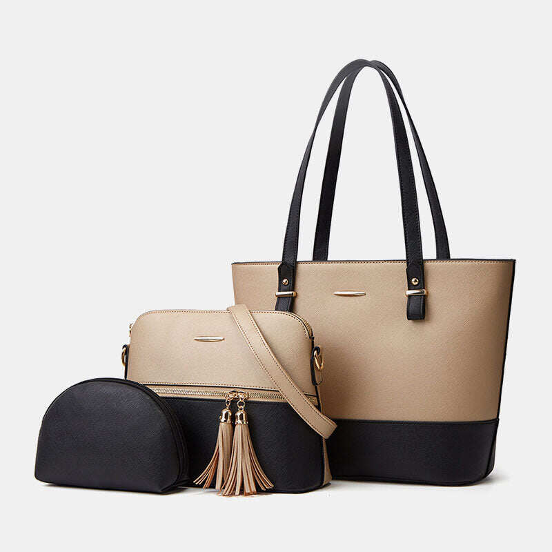 Bolsa feminina patchwork de 3 peças com franjas de alta capacidade