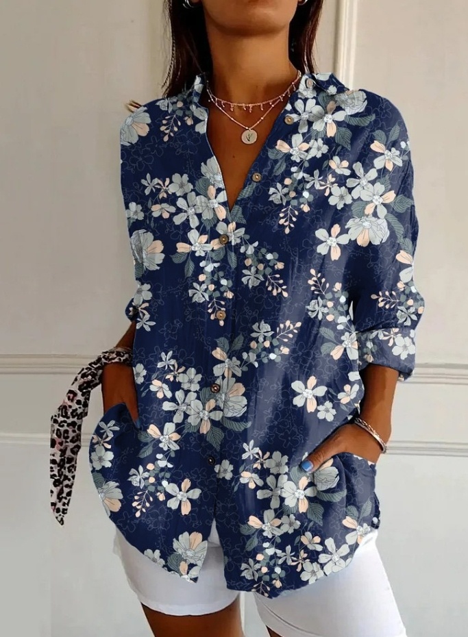 Camisa feminina vintage de algodão com estampa floral