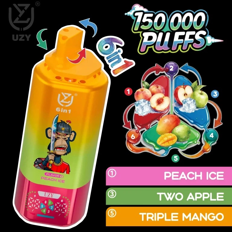 UZY 6-in-1 150,000 Puffs Disposable Vape – Quad Mesh Coil, Smart Screen, Crystal Design, Wholesale & Bulk Buy