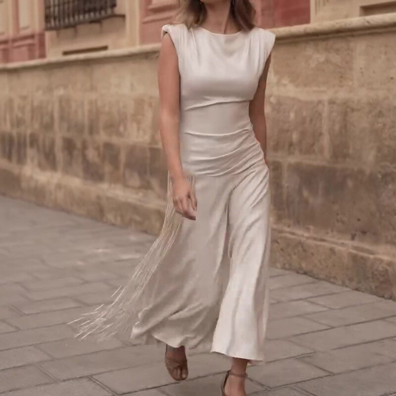Moda feminina em torno do pescoço sem mangas cor sólida borla casual vestido evasê