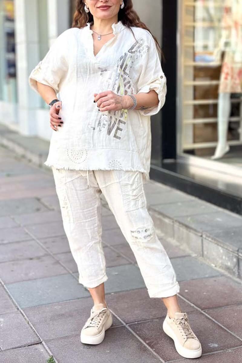 Conjunto blusa + calça dia feminino em algodão e linho