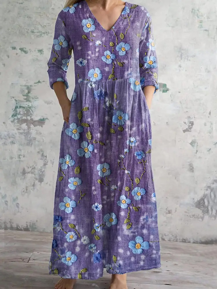Purple Floral Art Alzheimer's Awareness Embroidery V Neck Midi Dress
