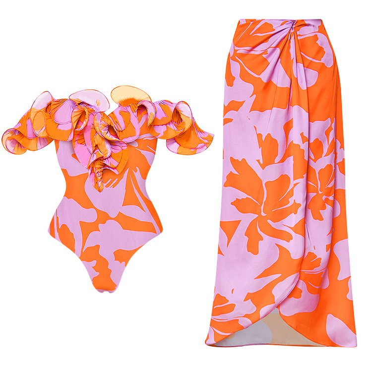 2025 New Off Shoulder Ruffled Printed One Piece Swimsuit and Skirt